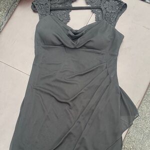 Xscape Black Lace Cap-Sleeve Evening Dress